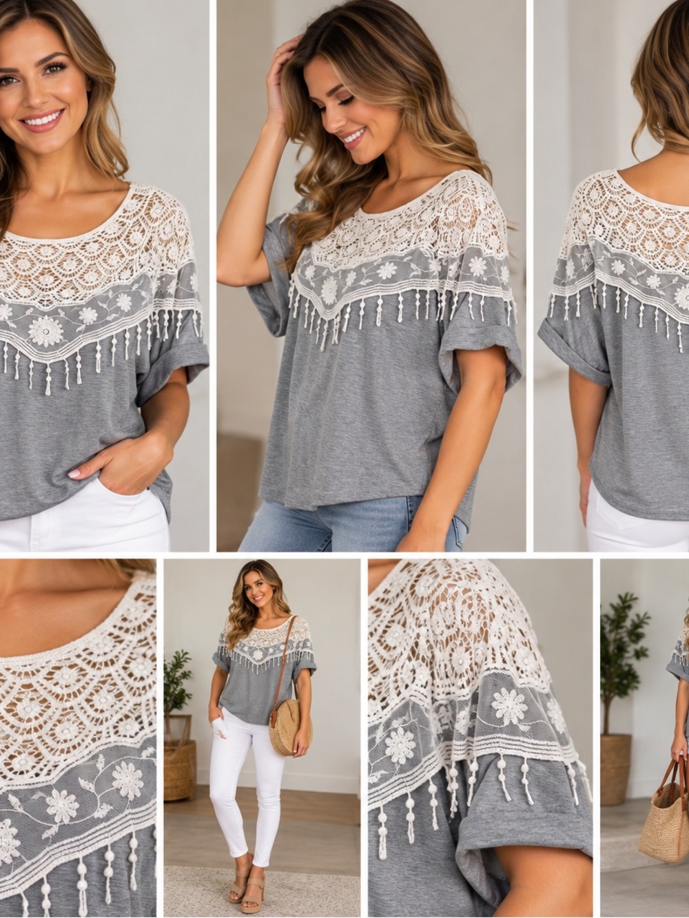 Sanzea Collection Lace Yoke Grey Women’s Top with Fringe, Large